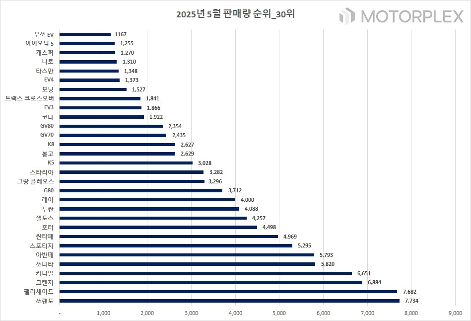 2025년 5월 국산차 판매량 TOP 30