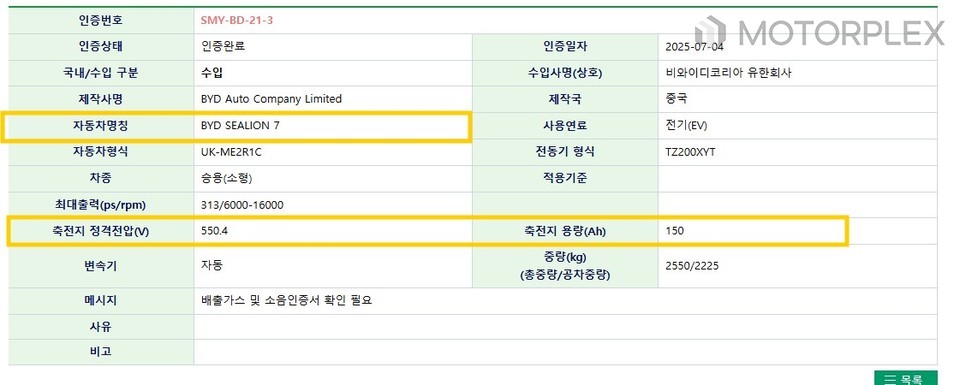 BYD 씨라이언 7 환경부 인증 